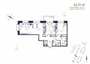 ЖК «Ranta Residence», планировка 2-комнатной квартиры, 62.75 м²