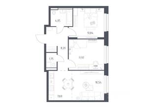 ЖК «Квартал Строгино», планировка 2-комнатной квартиры, 54.95 м²