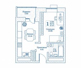 ЖК «Новоград Монино», планировка 1-комнатной квартиры, 37.70 м²