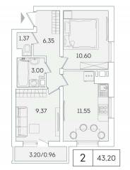 ЖК «Lampo», планировка 2-комнатной квартиры, 42.50 м²