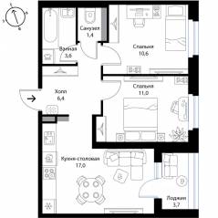 МЖК «Экография», планировка 2-комнатной квартиры, 51.90 м²