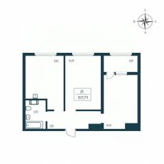ЖК «Расцветай в Янино», планировка 2-комнатной квартиры, 57.30 м²