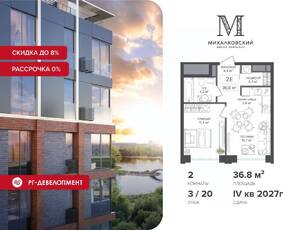 ЖК «Михалковский», планировка 2-комнатной квартиры, 36.80 м²