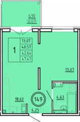 МЖК «Образцовый квартал 16», планировка 1-комнатной квартиры, 40.57 м²