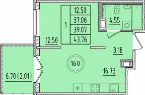 МЖК «Образцовый квартал 17», планировка 1-комнатной квартиры, 37.06 м²