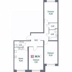 ЖК «Фотограф», планировка 3-комнатной квартиры, 86.74 м²