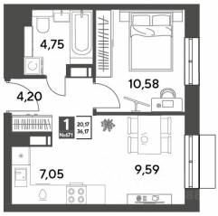 ЖК Арт-квартал «Публицист», планировка 1-комнатной квартиры, 36.17 м²