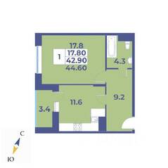 ЖК «Эдельвейс» (ЦентрСтрой), планировка 1-комнатной квартиры, 44.60 м²