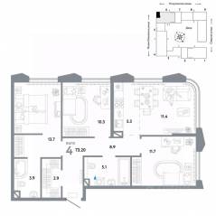 ЖК «Страна.Озерная», планировка 4-комнатной квартиры, 73.20 м²