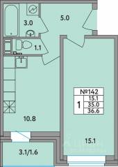 ЖК «Удача», планировка 1-комнатной квартиры, 36.60 м²