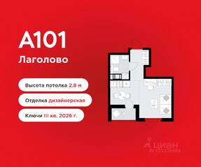 ЖК «А101 Лаголово», планировка студии, 24.30 м²