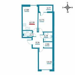 ЖК «Левитан», планировка 2-комнатной квартиры, 62.39 м²