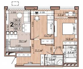 ЖК «Гранд Комфорт», планировка 2-комнатной квартиры, 68.10 м²