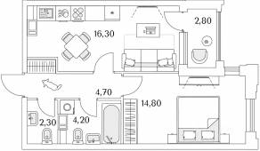 ЖК «Тайм Сквер», планировка 1-комнатной квартиры, 43.70 м²