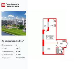 ЖК «Парадный ансамбль», планировка 1-комнатной квартиры, 36.61 м²