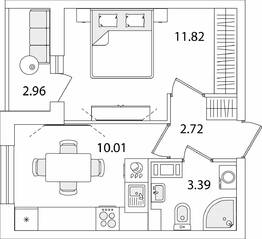 ЖК «Кинопарк», планировка 1-комнатной квартиры, 29.42 м²