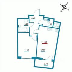 ЖК «Левитан», планировка 1-комнатной квартиры, 44.08 м²