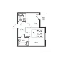 ЖК «Высота» (Бугры), планировка 1-комнатной квартиры, 35.58 м²