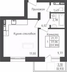 ЖК «Зеленый Оазис-Город», планировка 1-комнатной квартиры, 37.99 м²