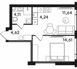 ЖК «Solos», планировка 1-комнатной квартиры, 39.22 м²
