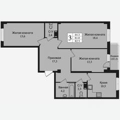 ЖК «Южная заря», планировка 3-комнатной квартиры, 88.00 м²