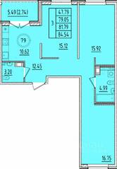 МЖК «Образцовый квартал 17», планировка 3-комнатной квартиры, 79.05 м²