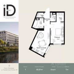 ЖК «ID Petrogradskaya», планировка 1-комнатной квартиры, 45.01 м²