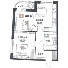 ЖК «Авиатор» (Девяткино), планировка 1-комнатной квартиры, 44.49 м²