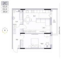 ЖК «Пироговская Ривьера», планировка 2-комнатной квартиры, 62.10 м²