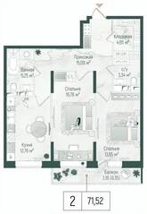 ЖК «Riga Hills», планировка 2-комнатной квартиры, 74.70 м²