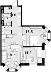 ЖК «Театральный квартал», планировка 2-комнатной квартиры, 64.20 м²
