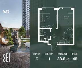ЖК «SET», планировка 1-комнатной квартиры, 38.77 м²