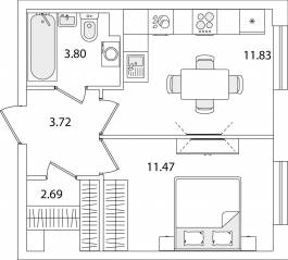 ЖК «Кинопарк», планировка 1-комнатной квартиры, 33.51 м²