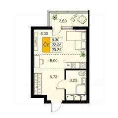 ЖК «Химки Тайм», планировка студии, 23.34 м²
