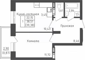ЖК «Зеленый Оазис-Город», планировка 1-комнатной квартиры, 39.38 м²