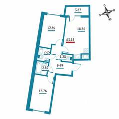 ЖК «Левитан», планировка 2-комнатной квартиры, 63.15 м²
