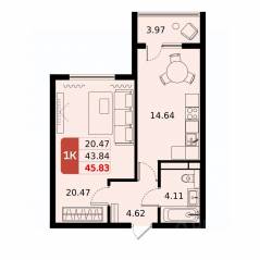 ЖК «ДОМодедово Парк», планировка 1-комнатной квартиры, 45.83 м²