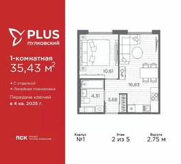 ЖК «Plus Пулковский», планировка 1-комнатной квартиры, 35.43 м²