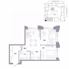 ЖК «Страна.Заречная», планировка 3-комнатной квартиры, 50.70 м²