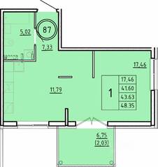 МЖК «Образцовый квартал 16», планировка 1-комнатной квартиры, 41.60 м²