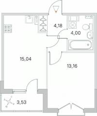 МЖК «Любоград», планировка 1-комнатной квартиры, 38.15 м²