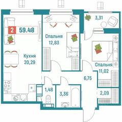 ЖК «Графика», планировка 2-комнатной квартиры, 59.48 м²