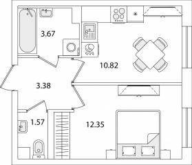 ЖК «Кинопарк», планировка 1-комнатной квартиры, 31.79 м²