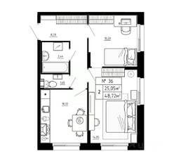 МЖК «Аннино Сити», планировка 2-комнатной квартиры, 48.72 м²