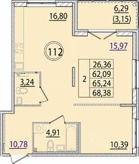 МЖК «Образцовый квартал 15», планировка 2-комнатной квартиры, 62.09 м²