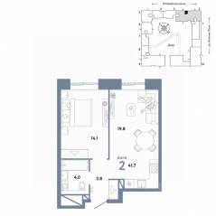 ЖК «Страна.Заречная», планировка 2-комнатной квартиры, 41.70 м²