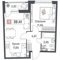 ЖК «Авиатор» (Девяткино), планировка 1-комнатной квартиры, 39.41 м²
