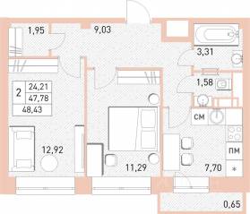 ЖК «Столичный», планировка 2-комнатной квартиры, 47.80 м²