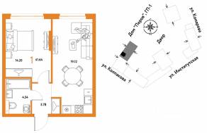 ЖК «Страна.Парковая», планировка 1-комнатной квартиры, 41.64 м²
