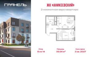 ЖК «Аникеевский», планировка 2-комнатной квартиры, 33.54 м²